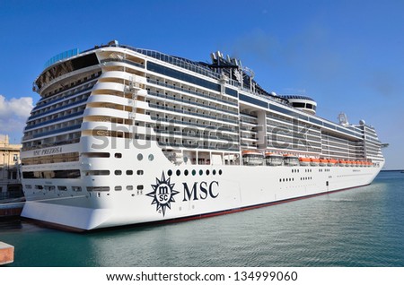 Genoa, Italy - April 16: The Majestic New Flagship Msc Cruise Liner (Preziosa) Leaves The Port Of Genoa For The First Cruise April 16, 2013, Genoa, Italy