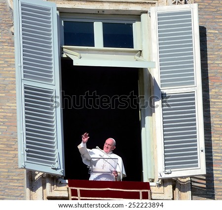 CITTA\' DEL VATICANO - JANUARY 4 - Francesco Bergoglio Pope appears at the window of St. Peter blesses the faithful Citta del Vaticano Jan 4 2015