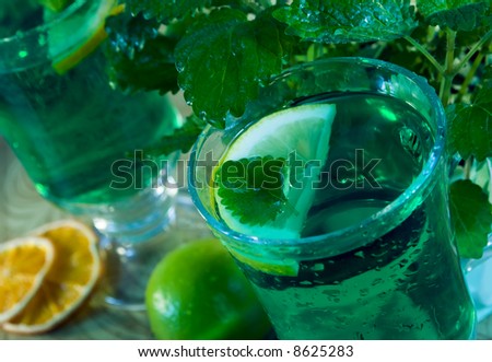 Ice Tea with Lemon and Mint in Green Glasses