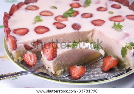 Strawberry cream cake, pieces removed