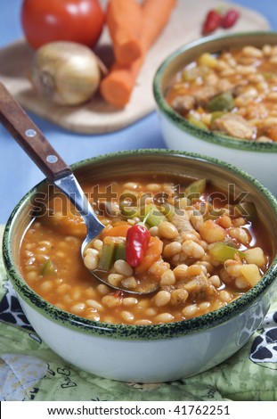 A bowl of chili beans and vegetables