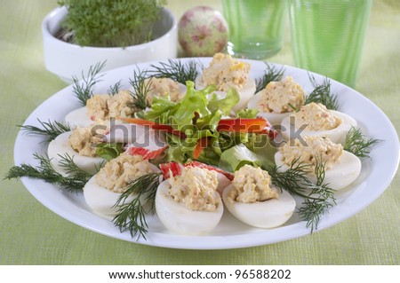 Eggs stuffed with crab sticks