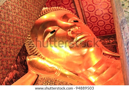 Reclining Buddha statue in Thailand Buddha Temple Wat Pho , Asian style Buddha Art.