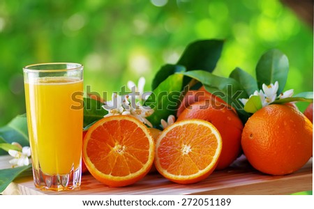 Orange juice in glass, blossom and slice of oranges