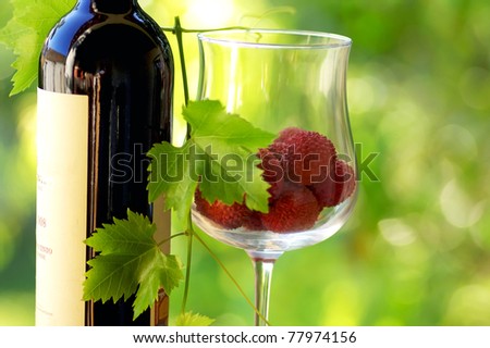 Red wine and red fruits on green background.