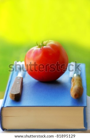 Red tomato on a book, knife and fork