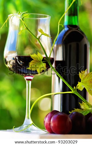 Glass and bottle of red wine with red fruits