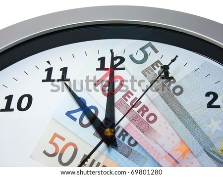 Time is money concept with euro currency on a white background