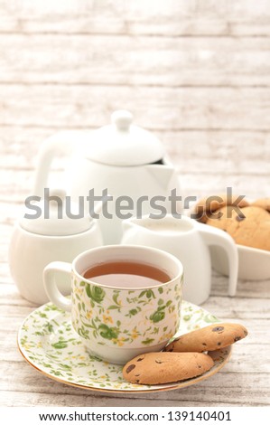 Breakfast tea, biscuits