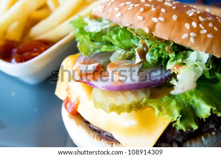 Cheese burger American cheese burger with fresh salad Cheese burger American cheese burger with fresh salad