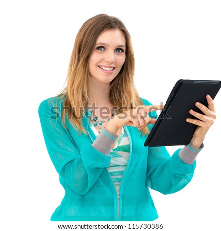young woman holding in hand a tablet touch pad, on a white background