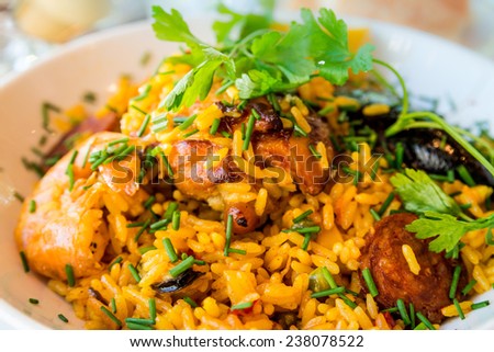 Prawn with rice - closeup of prawn with rice - traditionnal spanish food paella