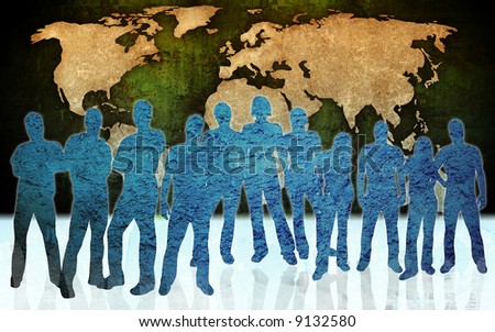 people silhouettes and world map