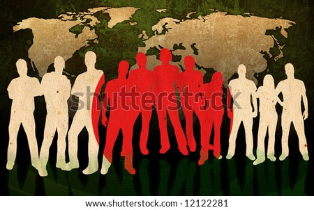 japan - flag style of people silhouettes and world map background