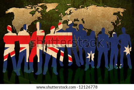 australia - flag style of people silhouettes and world map background