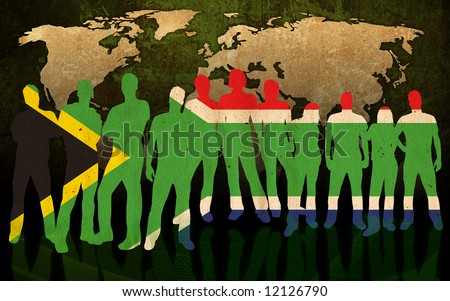 south africa - flag style of people silhouettes and world map background