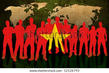 vietnam - flag style of people silhouettes and world map background