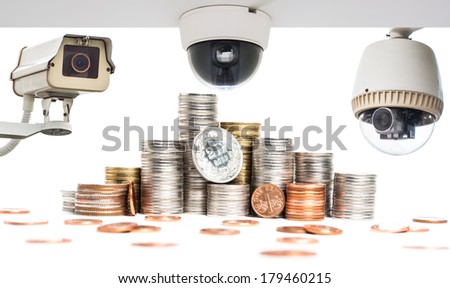 Swiss Franc Coin with CCTV Camera operating on white background