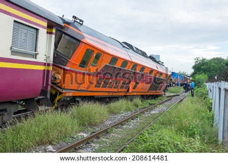 BANGKOK THAILAND - JULY 31, 2014: train accident fail of track near Bang Sue station