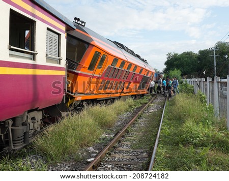 BANGKOK THAILAND - JULY 31, 2014: train accident fell of track near Bang Sue station