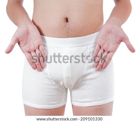 close up of man on white boxer underwear pointing at penis isolate on white background