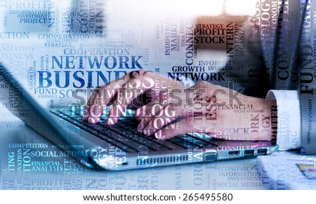 double exposure of businessman use laptop with business text