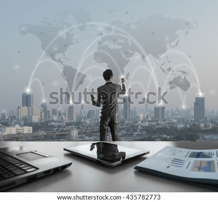 Businessman pressing on digital virtual screen, globalization marketing conceptual