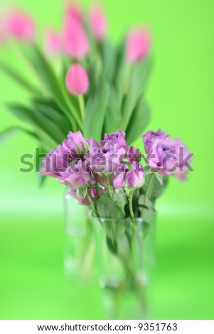 roses and tulips with special focus and a green background