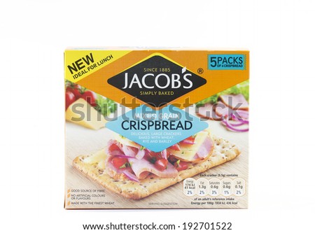 CONGLETON, UK - MAY 14 2014: Jacob\'s mixed grain Crispbread produced by United Biscuits (UK) Ltd
