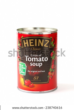 CONGLETON, UK - DECEMBER 19, 2014: Tin of Heinz cream of tomato soup in a can
