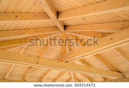 Interior roof beams on a wooden structure