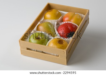 Crate with candy fruit.