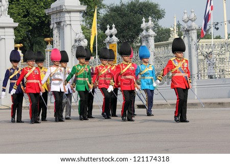 BANGKOK - DECEMBER 5 : Thai royal guard military during the king\'s birthday parade on Dec 5, 2012 in Bangkok ,Thailand