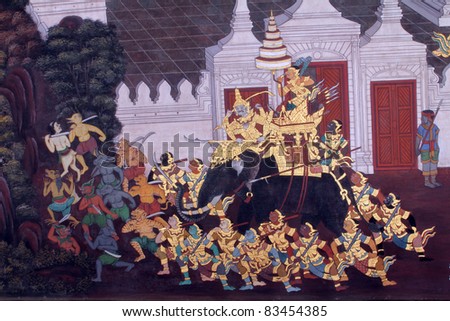 Traditional Thai art painting on a wall, the Emerald Buddha Temp