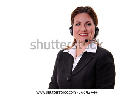 Pretty woman at a call center or customer service representative using a headset to speak to customers or constituents - isolated over white background