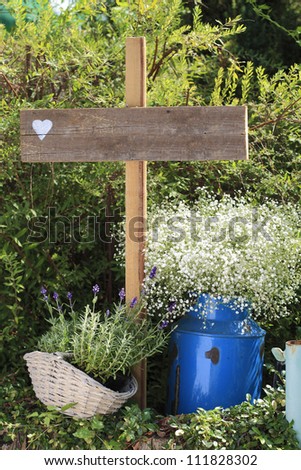 An empty (blank) sign in the garden with lavender and white flower