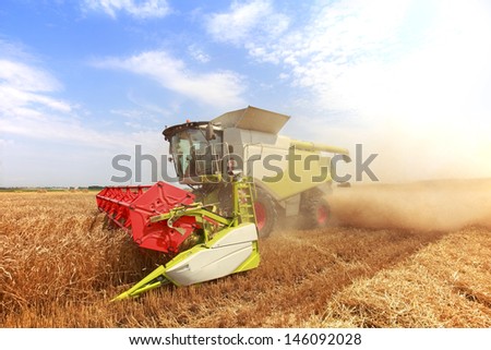 New combine harvester working in a wheat field