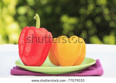 Two fresh wet bell peppers on the garden table