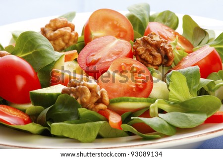 Closeup of an elegant salad of mixed wild greens, cherry tomato, English cucumber slices and with walnut