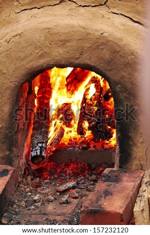 traditional wood oven, fire detail