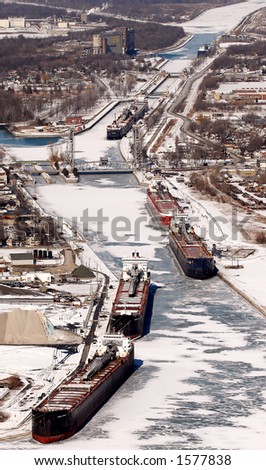 Port Colborne, Ontario, Canada. Harbour in the winter/spring of 2006 with ships docked for winter.