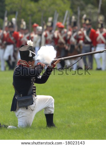 August 9/2008- Fort Erie, ON, Can.: An American troop fires on the British during the 22nd Annual Siege of Fort Erie weekend, a War of 1812 reenactment.