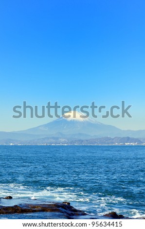 Sea and Mt. Fuji in winter. Mt. Fuji which is visible from Chigogafuti of Enoshima.
