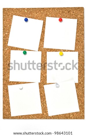 Cork board and blank notes. The blank notes of Six sheets stuck on the corkboard.