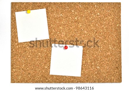 Cork board and blank notes. The blank notes of Two sheets stuck on the corkboard.