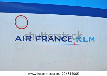 AMSTERDAM, THE NETHERLANDS - 26 AUGUST 2014 - Close-up of Air France KLM logo on airplane.