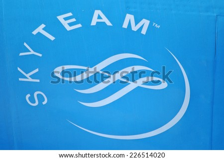 AMSTERDAM, THE NETHERLANDS - 26 AUGUST 2014 - Close-up of Sky team logo on KLM air plane.