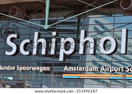 AMSTERDAM, THE NETHERLANDS, 26 August 2014 - Word brand/logo of Amsterdam Airport Schiphol above the entrance.