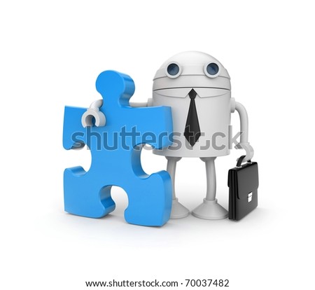 Robot businessman with puzzle - stock photo