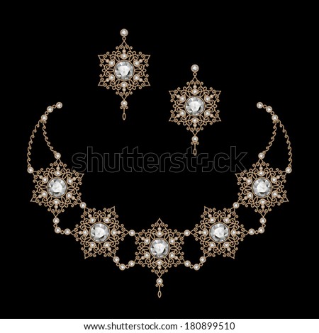 Vintage gold jewelry necklace and earrings filigree vector jewellery on black eps10 Vintage gold jewelry necklace and earrings filigree vector jewellery on black eps10